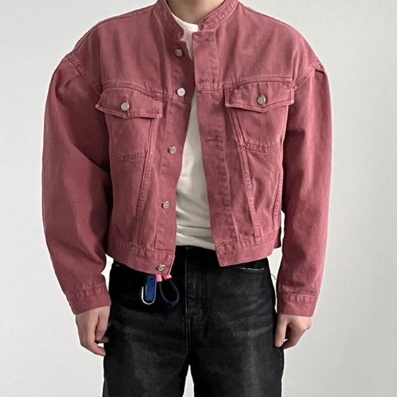 Fashion Men's Denim Jacket High Street Male Stand Collar Top Solid Color Short Coat Autumn Menwear Tide 9C644