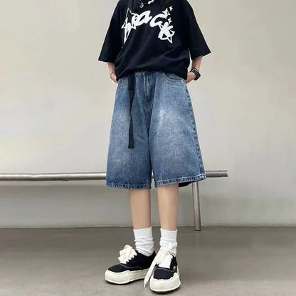 saferido Mens Y2k Casual Streetwear Denim Shorts with Belt 2024 Spring Summer New Genderless Sports Simple Solid Color Loose Jeans Unisex