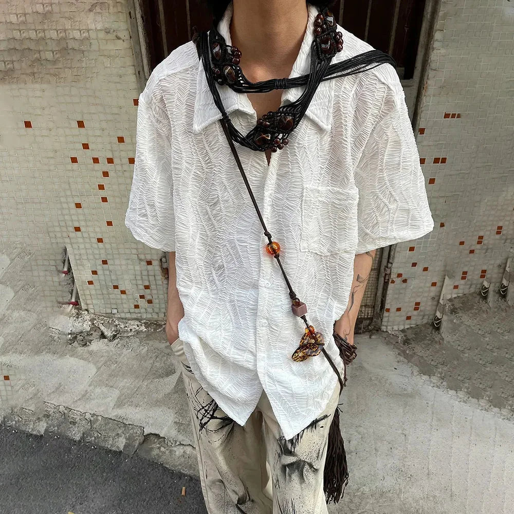 Retro Pleated Short Sleeve Shirt Summer New Cuban Collar Jacquard Design Shirts Top Solid Button Neutral Blouse