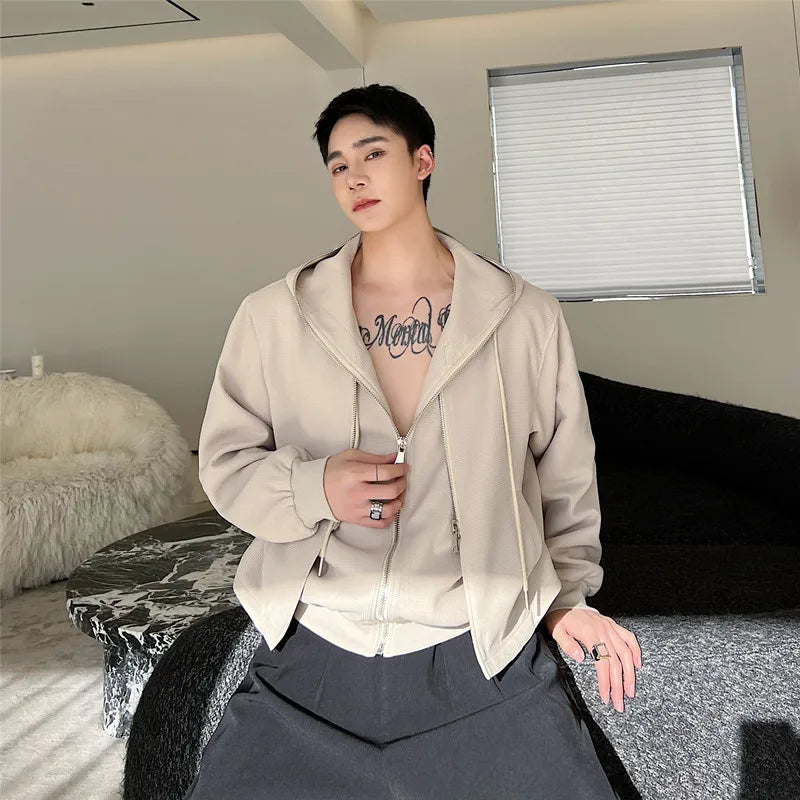 saferido Korean Spring Streetwear Hooded Sweatshirt Casual Fake Two Piece Jacket Solid Color Double Zippers Male Clothing Spring