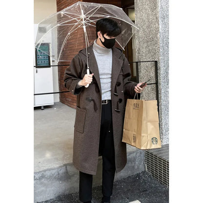 saferido Korean-style Woolen Trench Men Horn Button Casual Long Windbreaker Winter Hooded Jacket Coats Fashion Trenchcoat