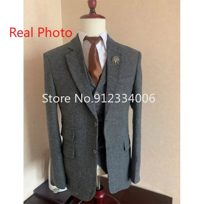 Gray Wool Tweed Winter Men Suit's For Wedding Formal Groom Tuxedo Herringbone Male Fashion 3 Piece (Jacket +Vest +Pants+Tie)