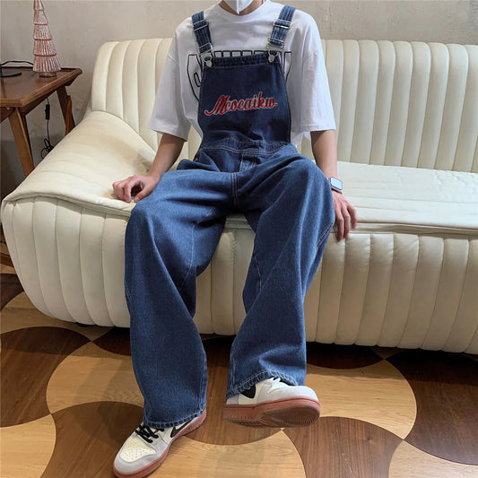 saferido Loose Printed Letters Jeans Blue Overalls Men's Oversize Casual Hiphop Straight Wide-leg Pants Four Seasons Work Denim Trousers