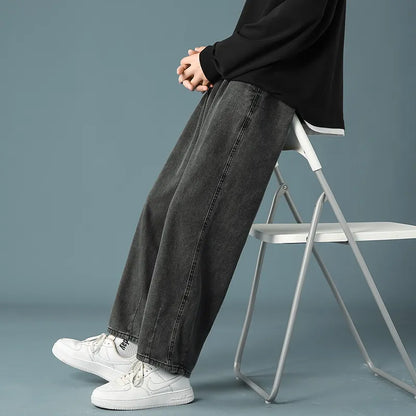 Spring New Men's Baggy Denim Wide Leg Pants Korean Style Elastic Waist Stylish Harem Fit Jeans Skateboard Trouse Male Black