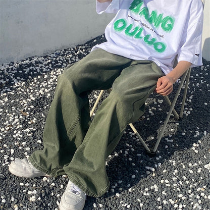 Green Jeans Baggy Distressed Vintage Denim Trousers Male Wide Leg Pants Men Streetwear Retro Oversize Casual Hip Hop