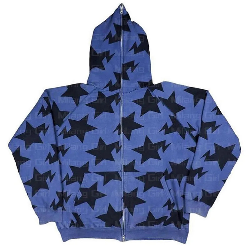 New y2k Sweatshirt Men Star Print Long Sleeve Hooded Tops 2000s Aesthetic Clothes Zip Up Streetwear Fairycore Grunge Jacket