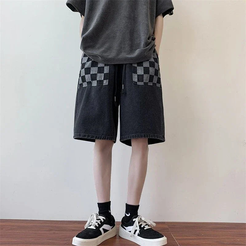 saferido New Summer Men's Stitching Plaid Short Jeans Korean Fashion Streetwear Blue Baggy Denim Shorts Wide Leg Large Pocket Shorts