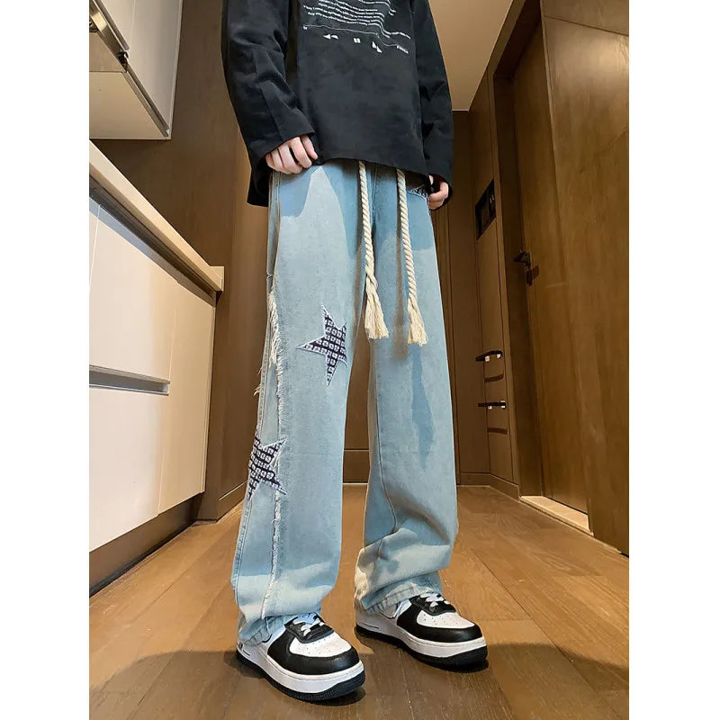 saferido Spring New Star Embroidery Burrs Patchwork Jeans Fashion Streetwear Loose Straight-leg Denim Pants for Men and Women 5XL-M