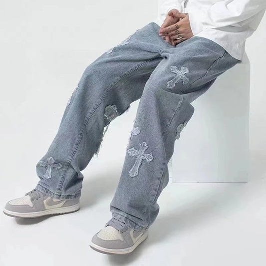 Streetwear Hip Hop Low Rise Baggy Jeans For Men Korean Y2k Fashion Trousers Cross Denim Pants Women Cargo Pants Punk Clothes