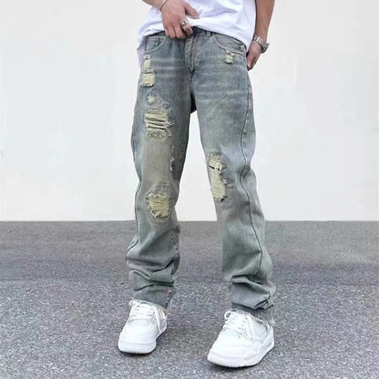 Street Wash Worn Cut Jeans Men's Summer Fashion Loose Straight Pants Traf Fall Guys