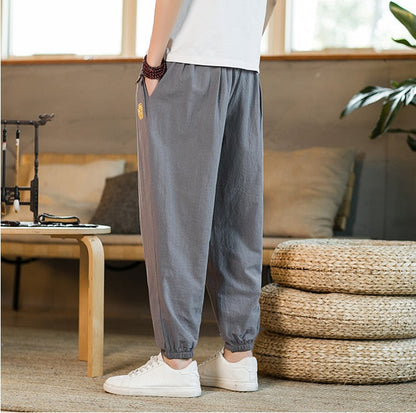 Summer Casual Chinese Style Cotton Linen Ninth Pants Men Fashion   Embroidery Loose Harem Pants Men's Street Jogging Pants