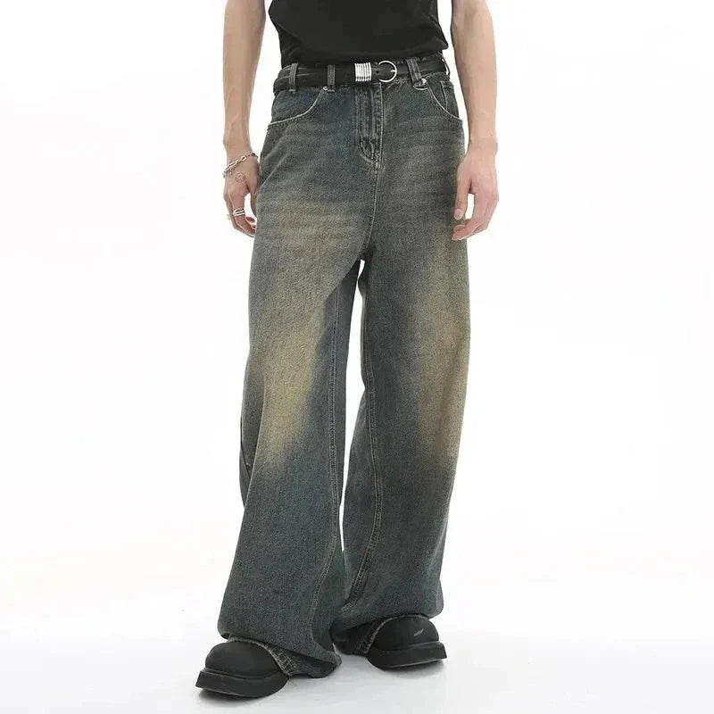 Old Male Pants Summer Blue Washed Men Denim Jeans Straight Casual Menwear Loose Wide Leg Trousers New Fashion