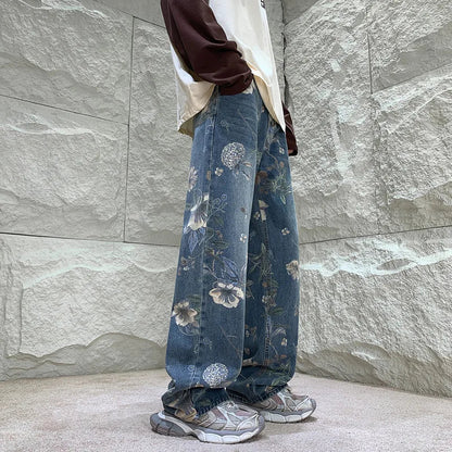 saferido Baggy Flower Jeans Men Fashion Oversized Wide Leg Jeans Men Streetwear Hip-hop Loose Straight Denim Pants Mens Trousers S-XL