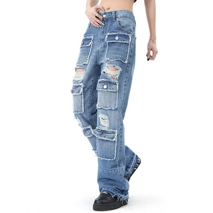 Harajuku Multi-pockets Hole Ripped Baggy Jeans for Men Y2K Straight Distressed Casual Streetwear Cargos Unisex Denim Trousers