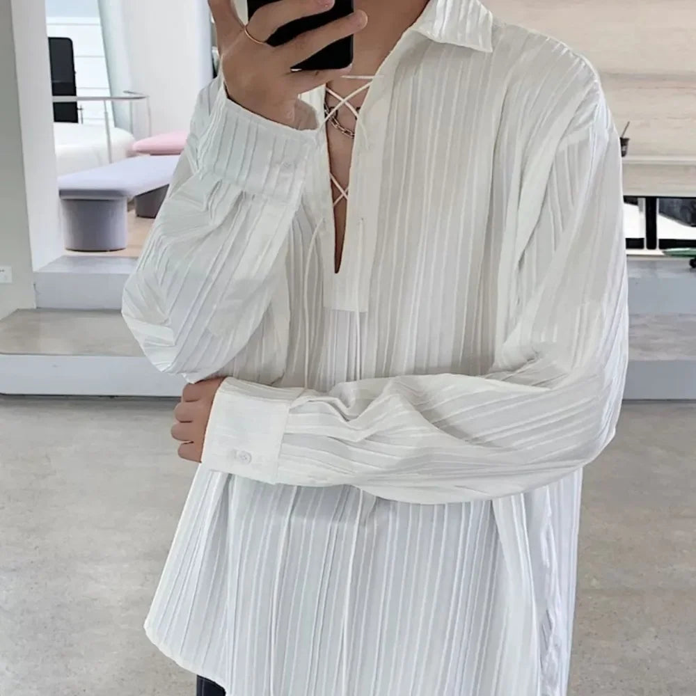 saferido Men Shirts Bandage Turn-down Delicate Commuting Long Sleeve Spring Temperament Tender All-match Simple Korean Style Tops Cozy