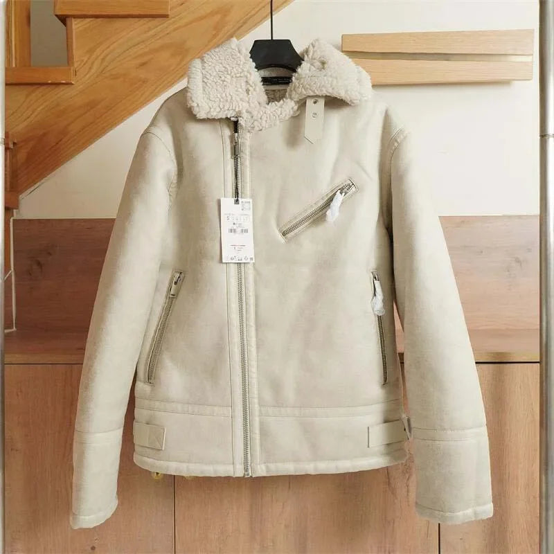 Original - Men's Retro Imitation Fur All-in-one Car Jacket Thick Coat Black Beige Zipper Coat