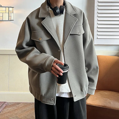 saferido Winter Thicken Woolen Coat Men Warm Fashion Casual Thick Woolen Jacket Men Korean Loose Short Woolen Coat Mens Overcoat M-3XL