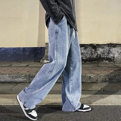 saferido Korean Fashion Loose Men Jeans Classic Straight Straight Baggy Wide Leg Trousers Casual Street Hip Hop Pants Black Grey Blue