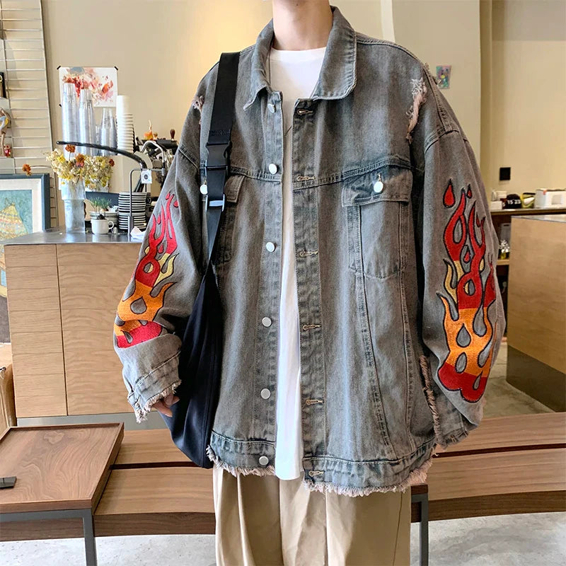 saferido Flame Embroidery Perforated Denim Coat Men's Spring and Autumn Street Fashion Brand Hip Hop Loose Couple Retro Jacket