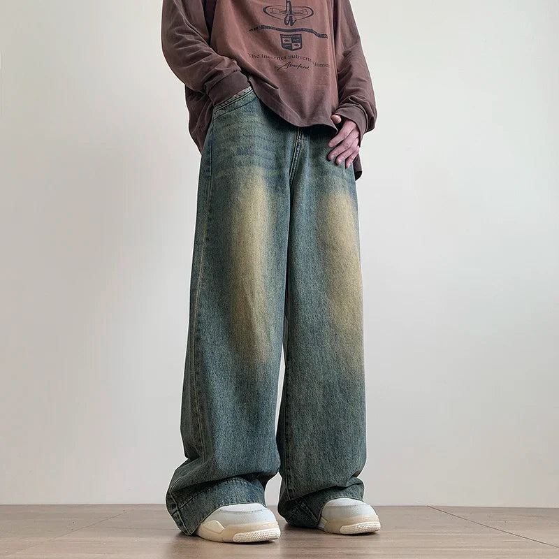 saferido Distressed Vintage Blue Jeans Pants Men Wide-leg Denim Trousers Male Oversize Streetwear Fashion Casual Baggy Straight Jeans