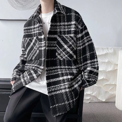 saferido Autumn Plaid Woolen Coat Men Fashion Retro Casual Oversized Woolen Jacket Men Korean Loose Woolen Shirt Mens Overcoat M-2XL