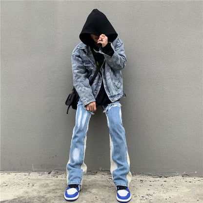 Y2K Patchwork Washed Blue Baggy Flare Jeans Pants Men Clothing Straight Loose Vintage Old Denim Trousers Pantalones Hombre