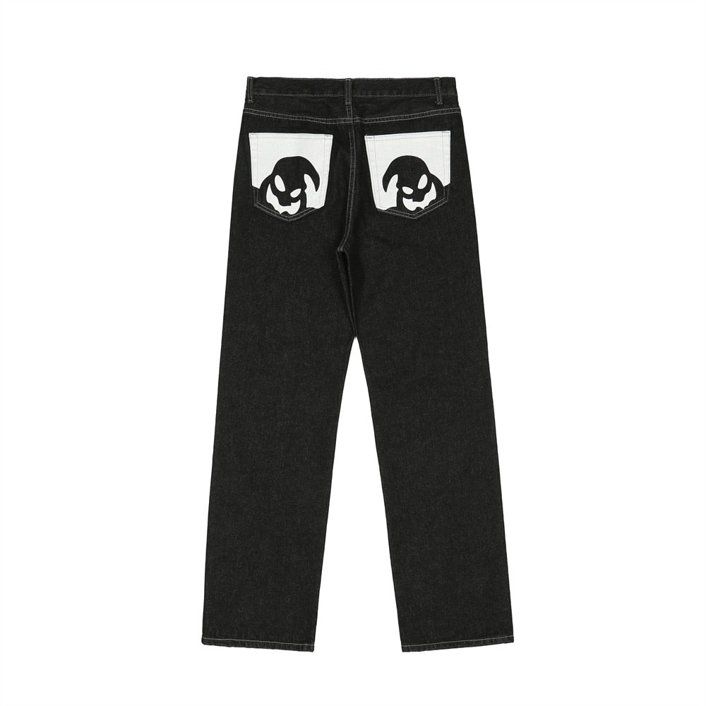 Retro Skull Hand Bone Embroidery Washed Mens Jeans Pants Y2K Straight Casual Oversize Denim Trousers Loose Streetwear Pantalones