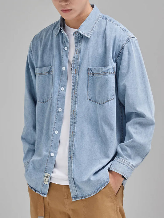 Autumn New Denim Shirt Men Classic Casual Chest Pockets Soft Cotton Long Sleeve Cowboy Loose Blue Jeans Shirts