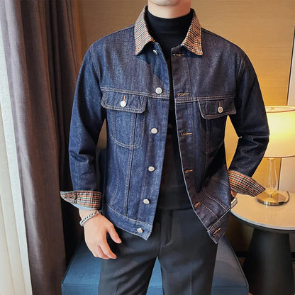 saferido Men's Spring High-quality Casual Denim Jackets/Male Fashion Plaid Business Denim Coat/Man  Winter Streetwear Men 3XL-M