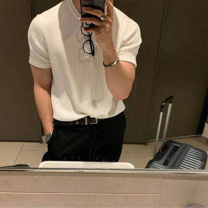 Spring Men's Clothing T Shirt for Men Short Sleeve Knitted Stretch Korean Style Solid Color Retro Summer Slim Fit Men's Top