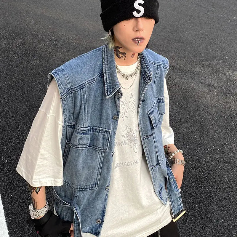 saferido Denim Vest Men's Jacket Fashion High Street Harajuku Y2K Sleeveless Tank Top Spring and Autumn Dark Coat