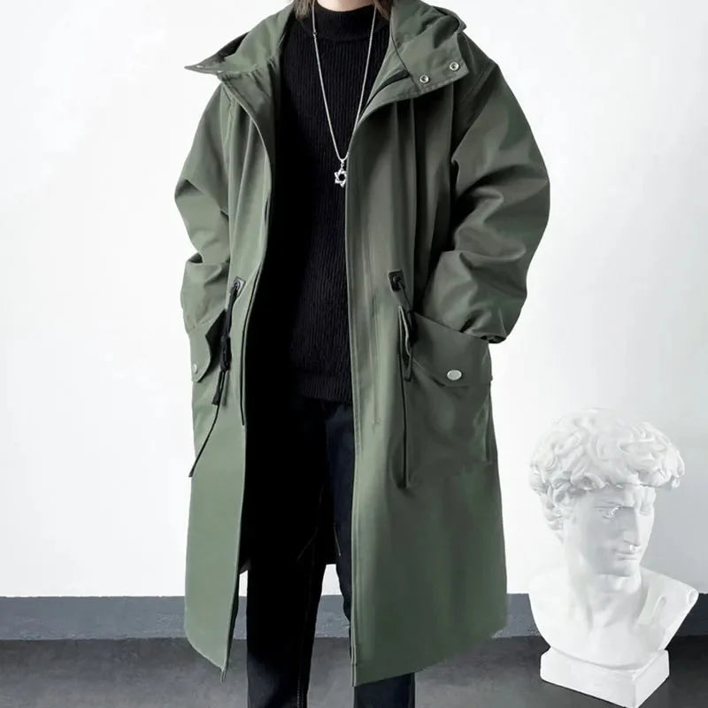 Spring Autumn Army Green Windbreaker Fashion Men Mid-length Casual Hooded Coat Men Daily High Street Overcoat Male Clothes