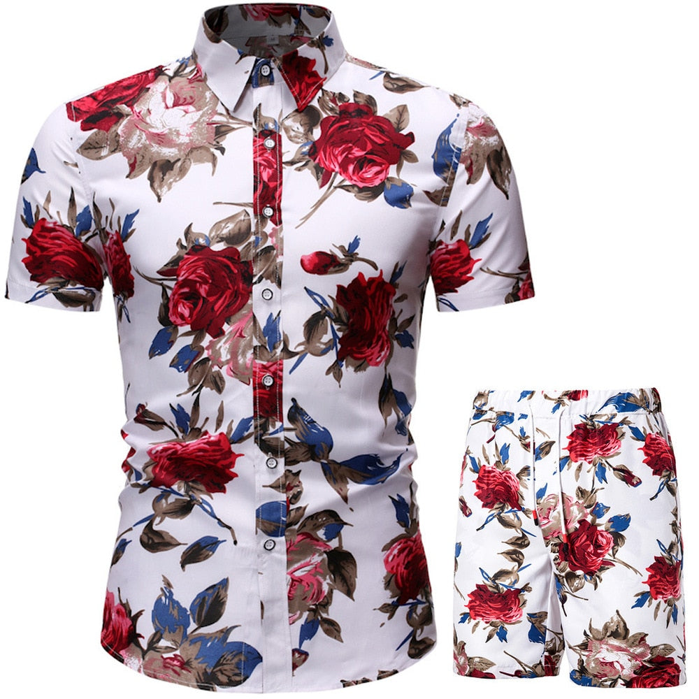 Men Clothing Set  Two Piece Set Summer Beach Wear Floral Print Casual Shirt and Shorts Set Hawaiian Shirt Holiday Clothes