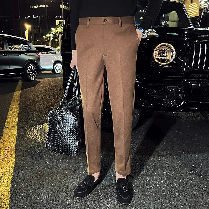 saferido Autumn Winter Suit Pants Men Thick Business Elastic Waist Classic Grey Brown Woolen Straight Korean Formal Trousers Male 29-35