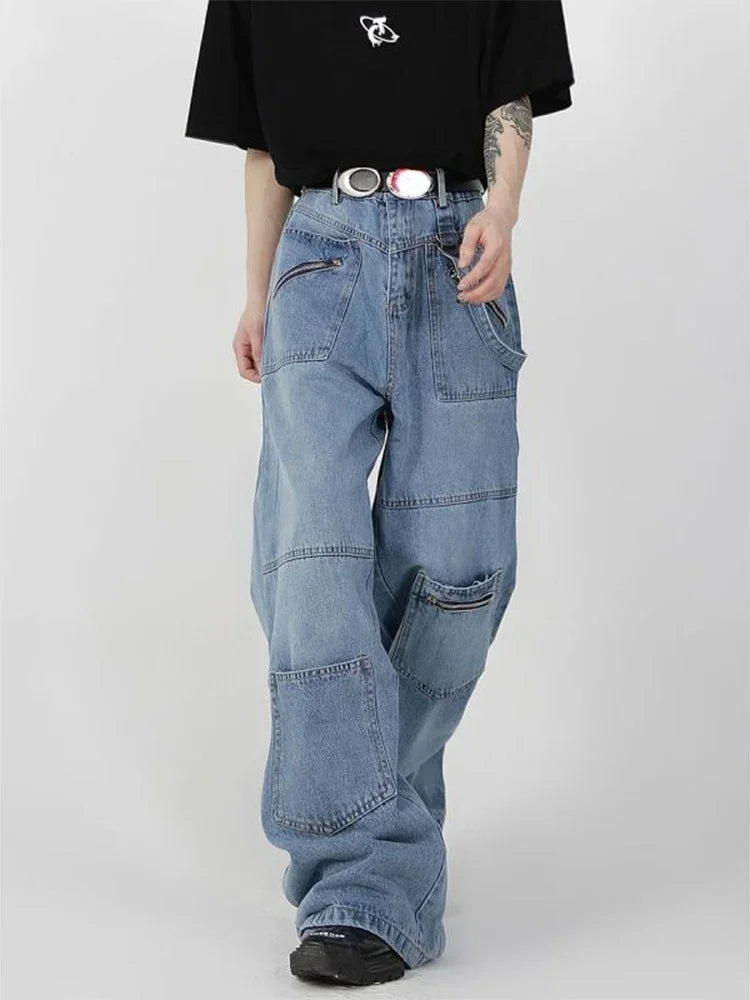 saferido Baggy Cargo Jeans Men Denim Wide Leg Trousers Male Oversize Casual Streetwear Hip Hop Pocket Zipper Safari Style