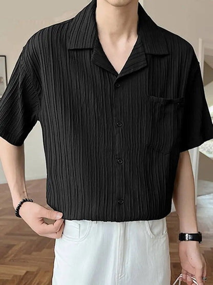 Men Shirt Folds Striped Lapel Short Sleeve Button Streetwear Korean Casual Shirts Summer Leisure Men Clothing S-5XL