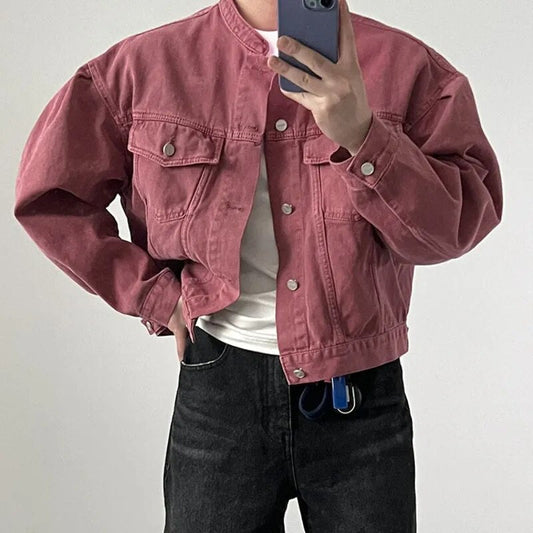 Fashion Men's Denim Jacket High Street Male Stand Collar Top Solid Color Short Coat Autumn Menwear Tide 9C644