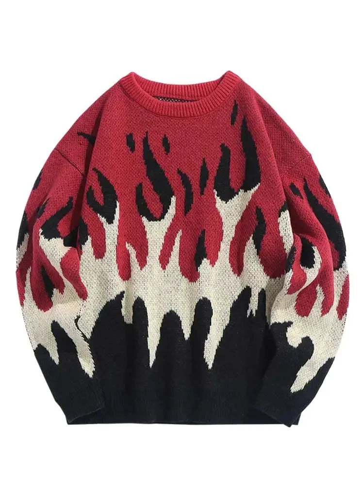 Sweater for Men Fire Flame Graphic Sweaters Y2K Streetwear Knit Pullover Long Sleeves Fall Winter Warm Jumper masculino