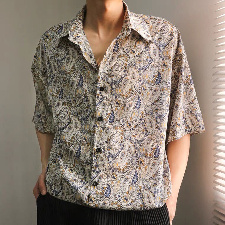 Korean Fashion Cashew Floral Shirts Mens Short Sleeve Chiffon Dropped Loose Casual Retro Half Sleeve Hawaiian Shirts for Men