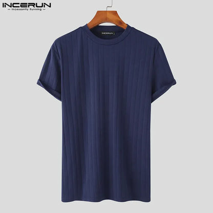 Handsome Well Fitting Tops New Men Knitted O-Neck Well Fitting T-shirts Casual Fashion Solid Short Sleeve Camiseta S-5XL