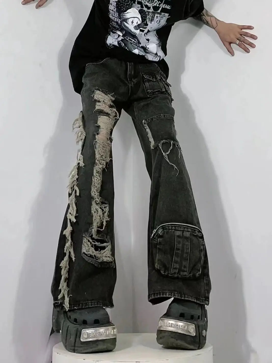 saferido American street hip-hop design washed distressed jeans with multiple pockets for men and women straight leg wide casual pants