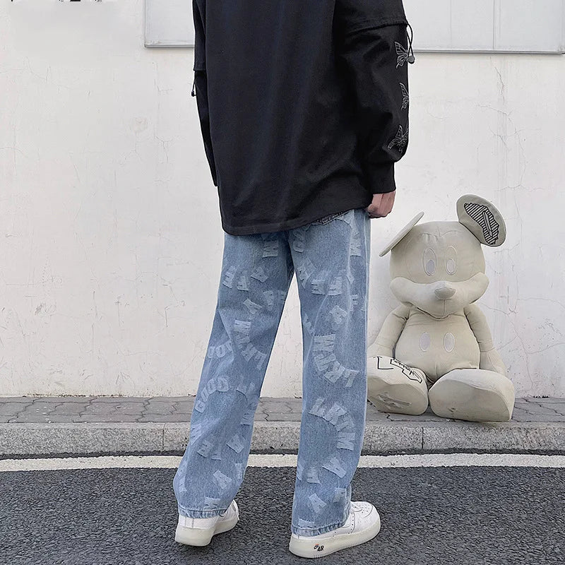 saferido Printing Men's Jeans High Street Fashion Wide Leg Pants Harajuku Streetwear Spring Autumn Denim Trousers Oversizde Male Clothing