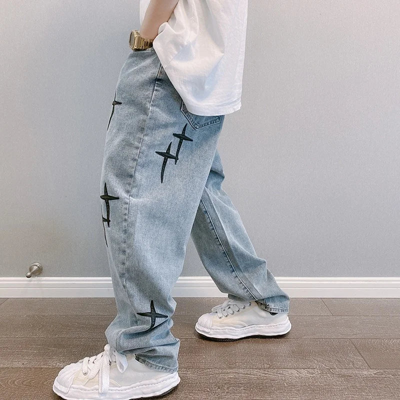 saferido Prints Jeans Men New Streetwear Baggy Wide Leg Jeans Korean Fashion Drapes Straight Casual Loose Denim Cargo Pants