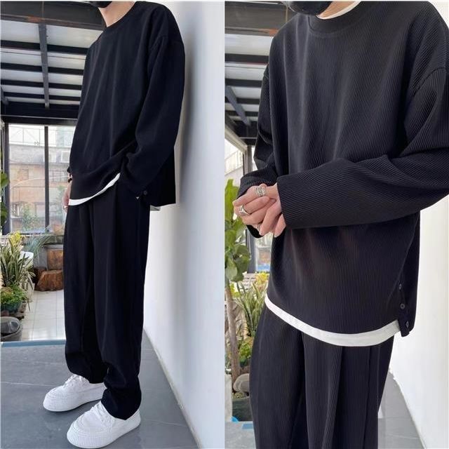 2 Piece Set Men Loose Fit Tracksuit Men Fashion Clothing Korean Style Men Streetwear Solid Color Hip Hop Dancing Clothing