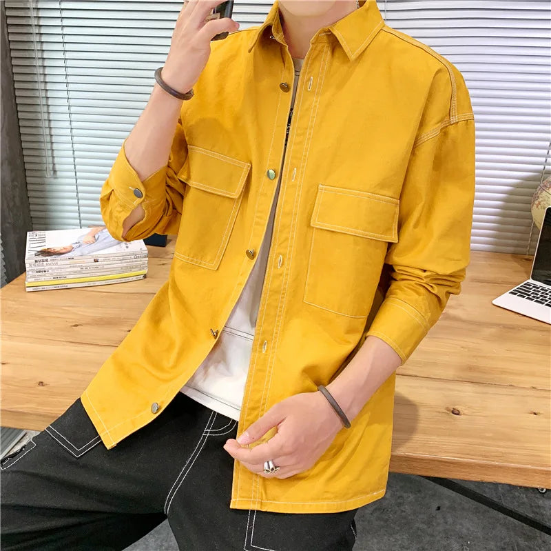 saferido Denim Shirt for Men Jeans Cotton Long Sleeve Blue Blazer Button Up Y2K Casual Spring Summer Cardigan Loose Fashion  Black Coat