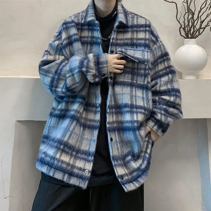 Vintage Woolen Jacket Men Autumn and Winter New Ins Loose Casual Lapel Pockets Single Breasted Couple Plaid Woolen Coat