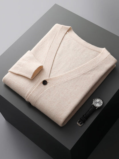 100% Pure Merino Wool Sweater Jacket Men's V-Neck Cardigan Autumn Winter New Solid Color Top Casual Basic All-Match