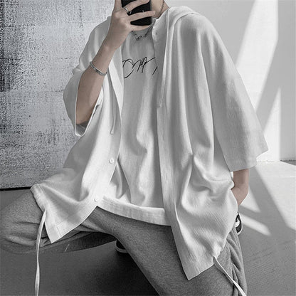 Summer Japanese Style Vintage Oversized Harajuku Shirt Men Casual Loose Hooded Blouse All Match Fashion Streetwear Male Clothes