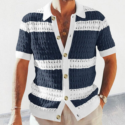 Casual Elegant Contrast Color Knitted Short-sleeved Shirt Men's Summer Slim Single-breasted Color Matching Hollow Lapel Top