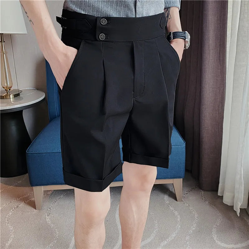 saferido  Korean Fashion Shorts Men Streetwear Pleated Shorts Knee Length Work Bottoms Summer Streetwear Cool Bermudas Male Slim Fit